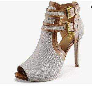 XYD Women Peep Toe Ankle Bootie High Heels Buckled Double Straps Cutout Tan